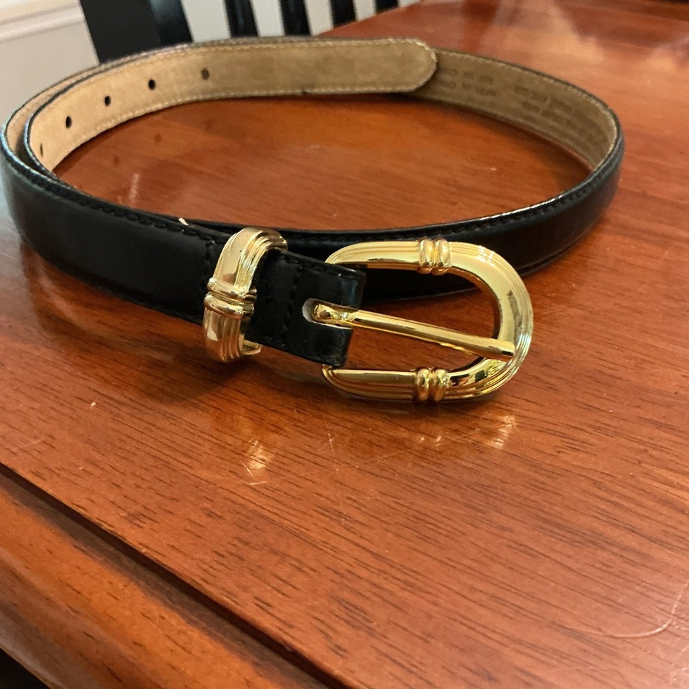 Liz Claiborne Black Leather Belt Womens Sz Medium Gold Buckle Skinny